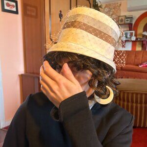 1960s peach basket MOD brown and grey striped birdcage veil hat - made in the us